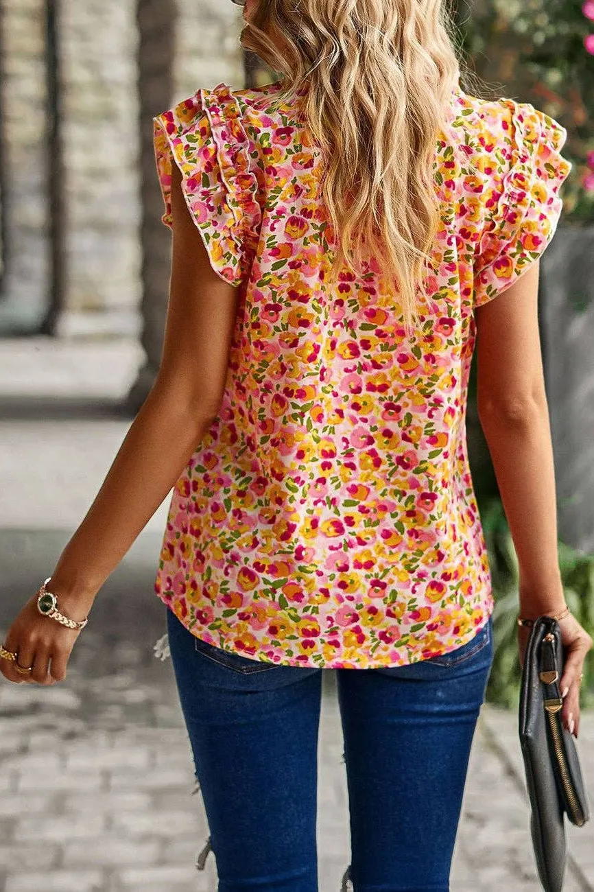 Anna Kaci Split V-Neck Ruffle Sleeve Blouse