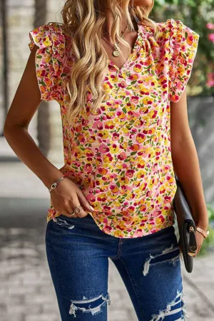 Anna Kaci Split V-Neck Ruffle Sleeve Blouse