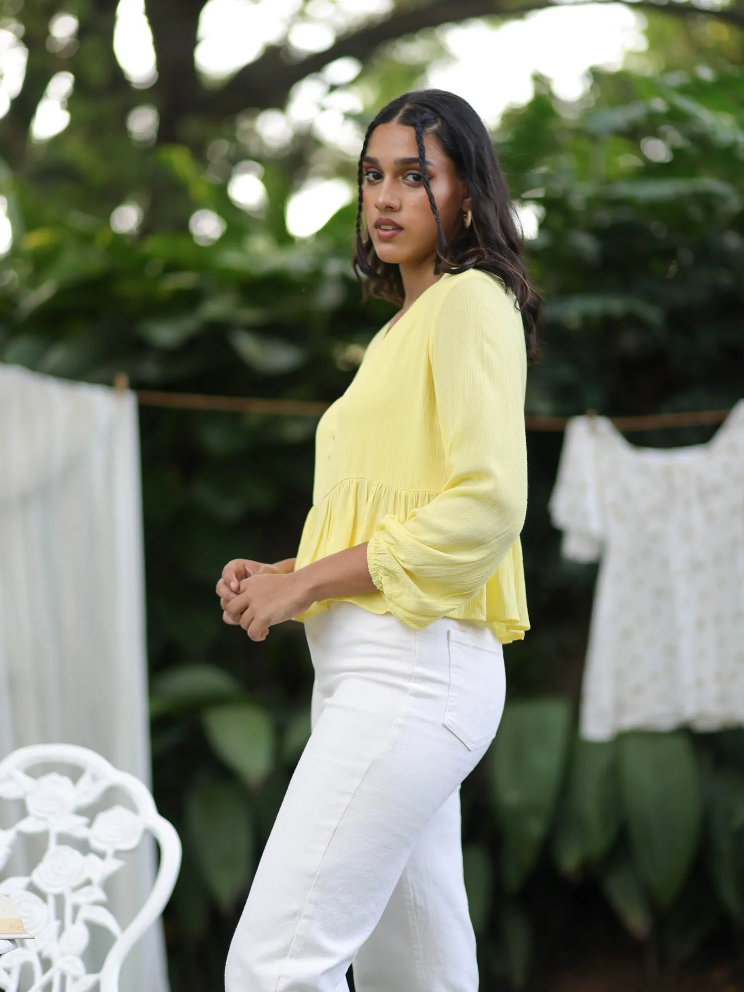 Balloon Sleeve V Neck Top