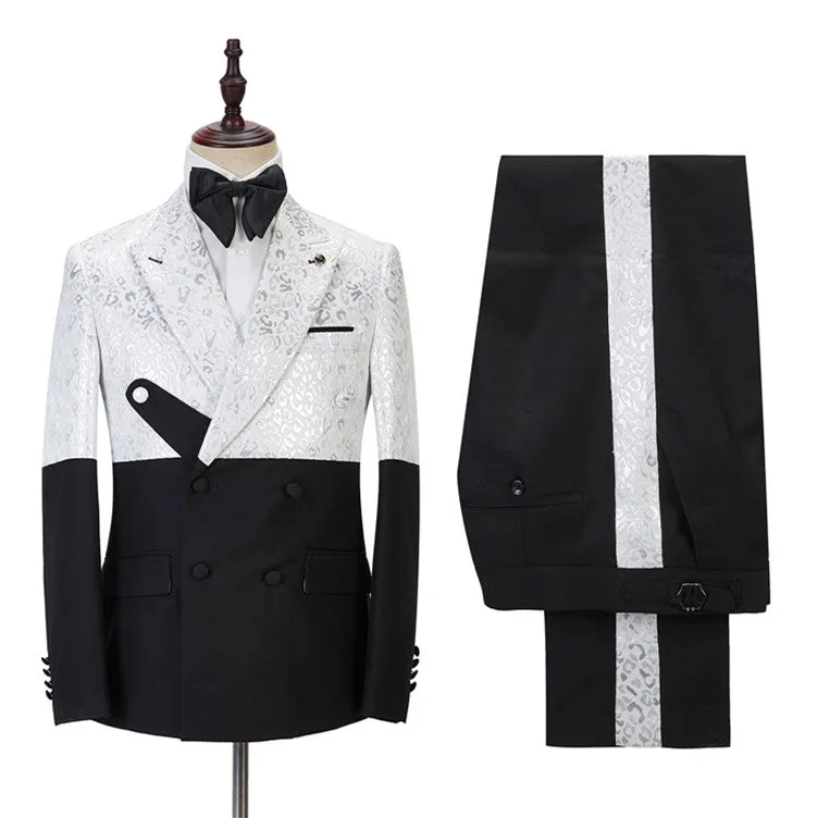 Black and White Jacquard Peaked Lapel Men Suits Online