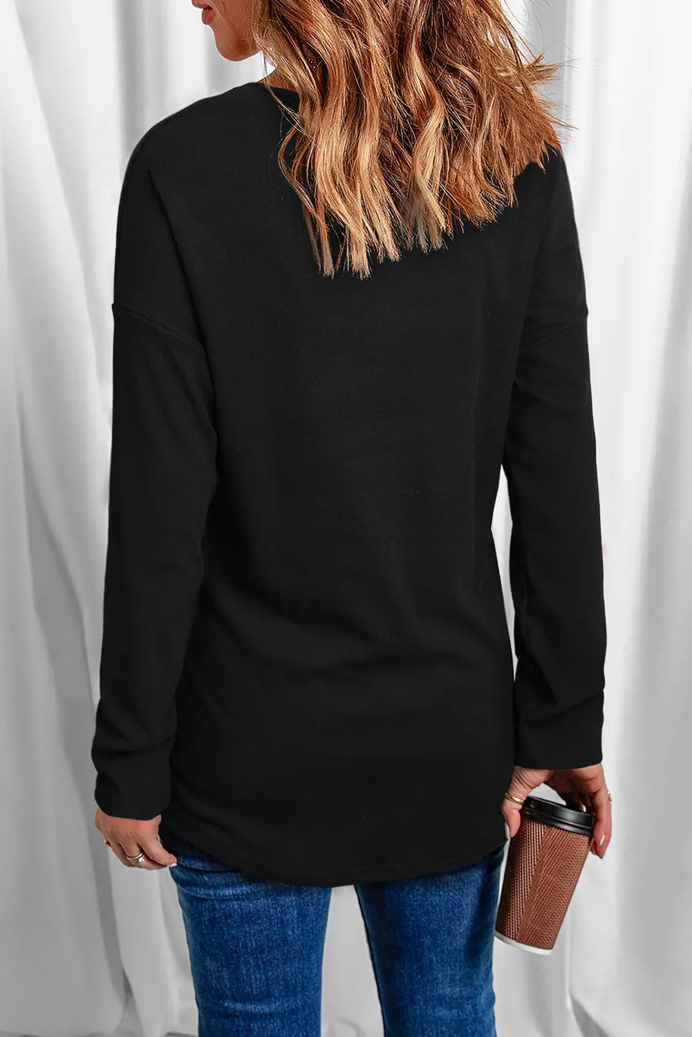 Black Beer Glass Letter Graphic Print Long Sleeve Top