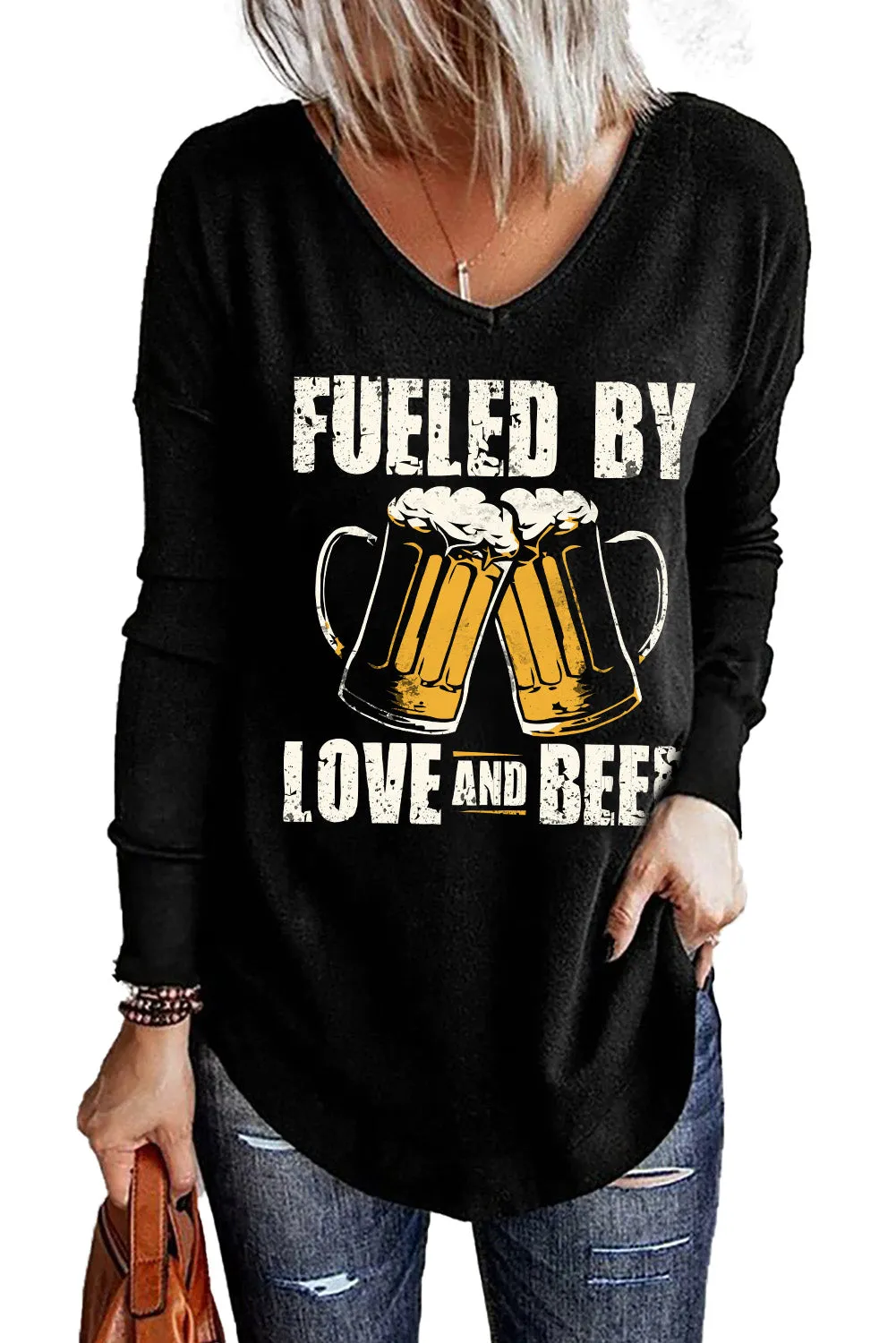 Black Beer Glass Letter Graphic Print Long Sleeve Top