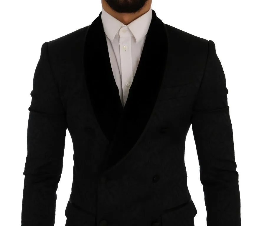 Black Brocade Double Breasted Slim Suit