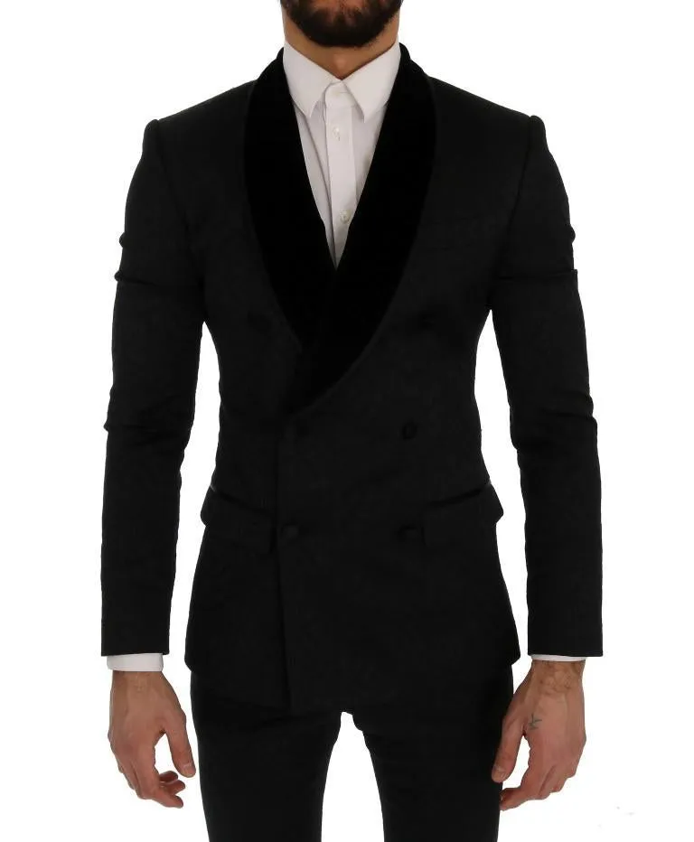 Black Brocade Double Breasted Slim Suit