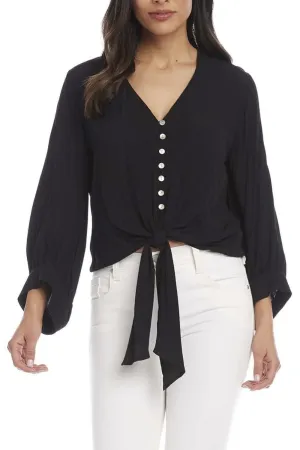 Black Buttoned Full Sleeve Top With Tie Knot At Bottom