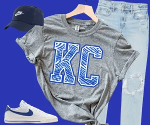 Blue KC Zebra Letters on Grey Tee or Sweatshirt