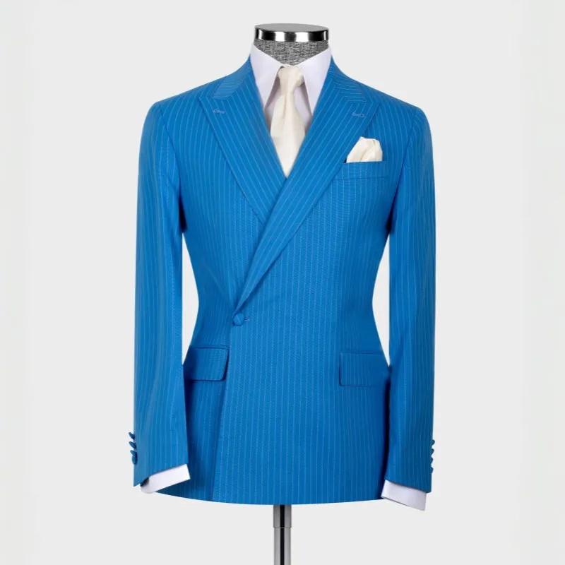 Blue Striped Peaked Lapel Custom Prom Suits Two Piece Modern Mens Wedding Suits