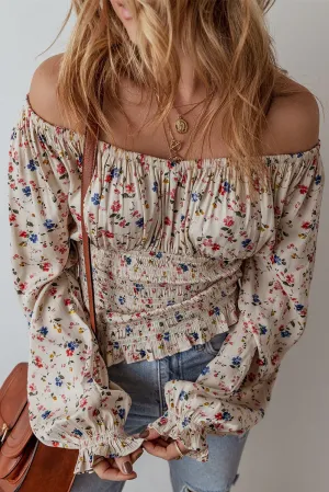 Boho Floral Print Smocked V Neck Peplum