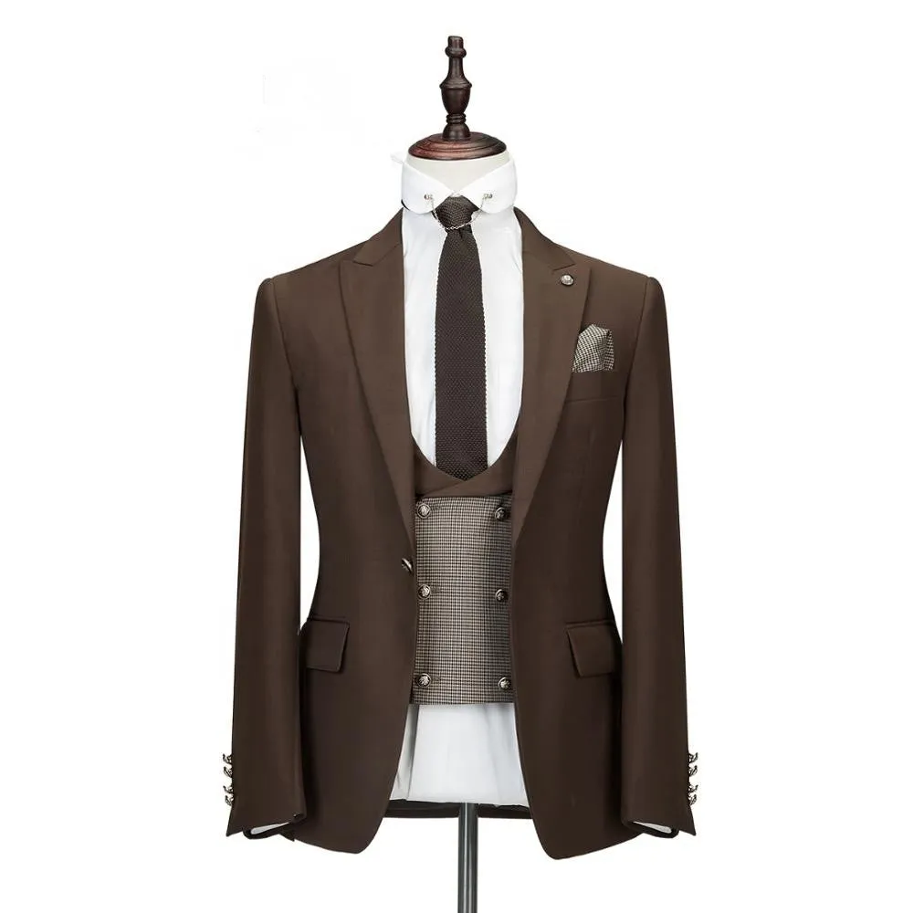 Brown Three Pieces Peaked Lapel Slim Fit Wedding Groom Suits