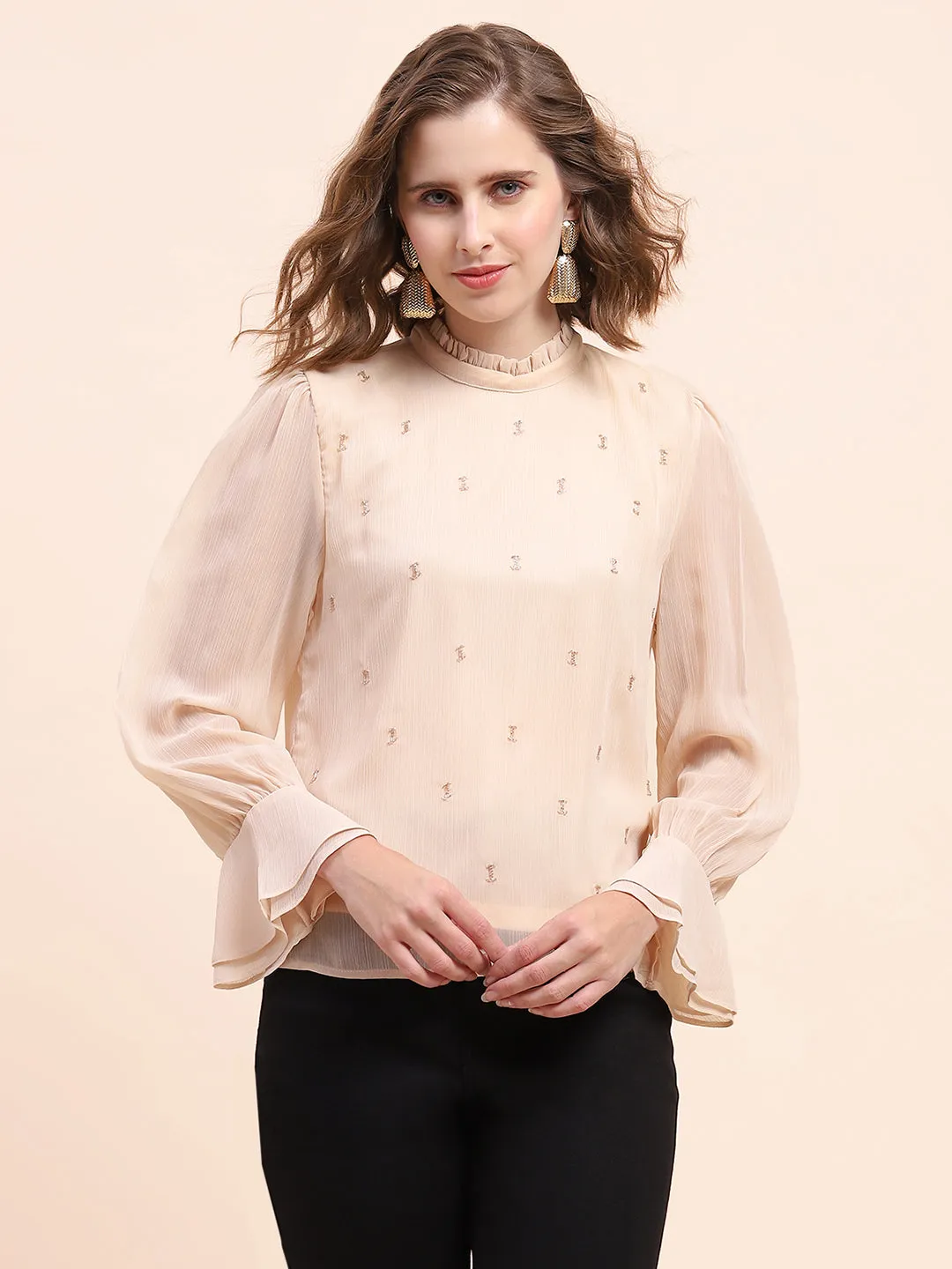 Camla Barcelona Flounce Sleeve Beige Mock Neck Top
