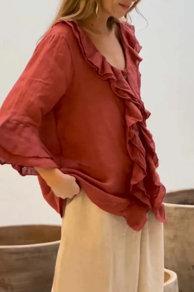 Casual Daily Solid Color Ruffle V Neck Tops(8 Colors)