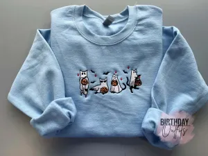 Cat Ghost Embroidered sweatshirt, Four Halloween Ghost Cat embroidered,Spooky, Ghost, embroidered halloween shirt, horror embroidery
