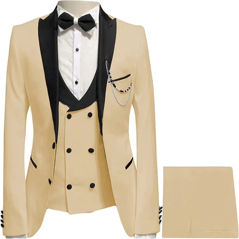 Champagne Three Pieces Slim Fit Prom Suits with Black Peaked Lapel