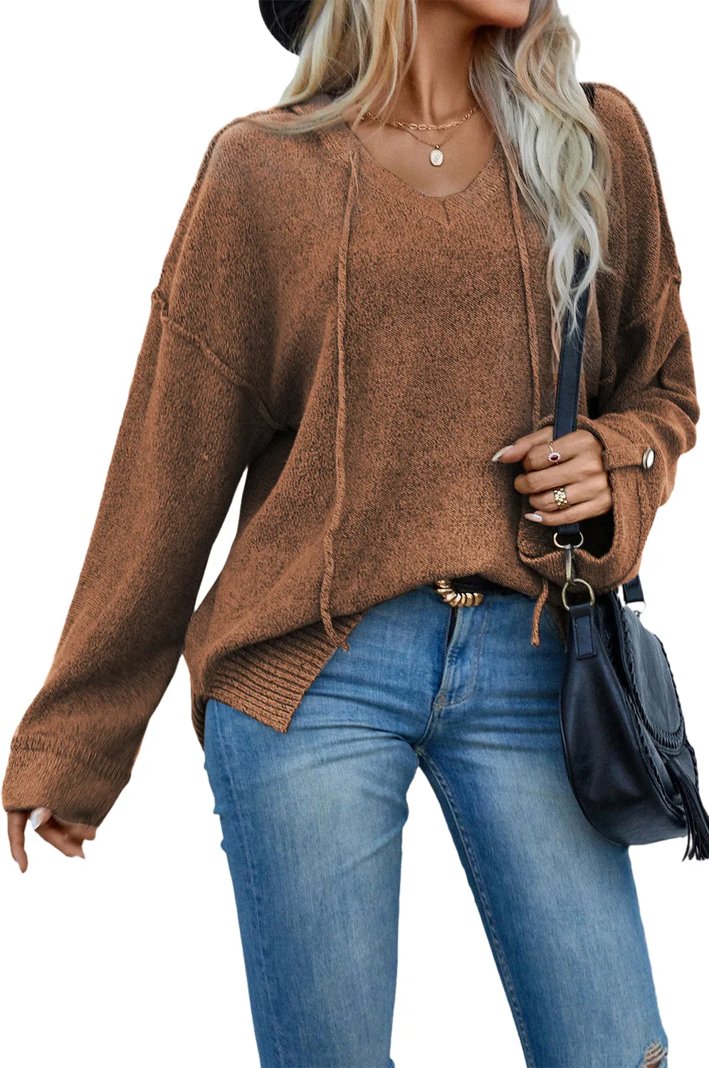 Chestnut Buttoned Sleeve V Neck Drawstring Hooded Sweater