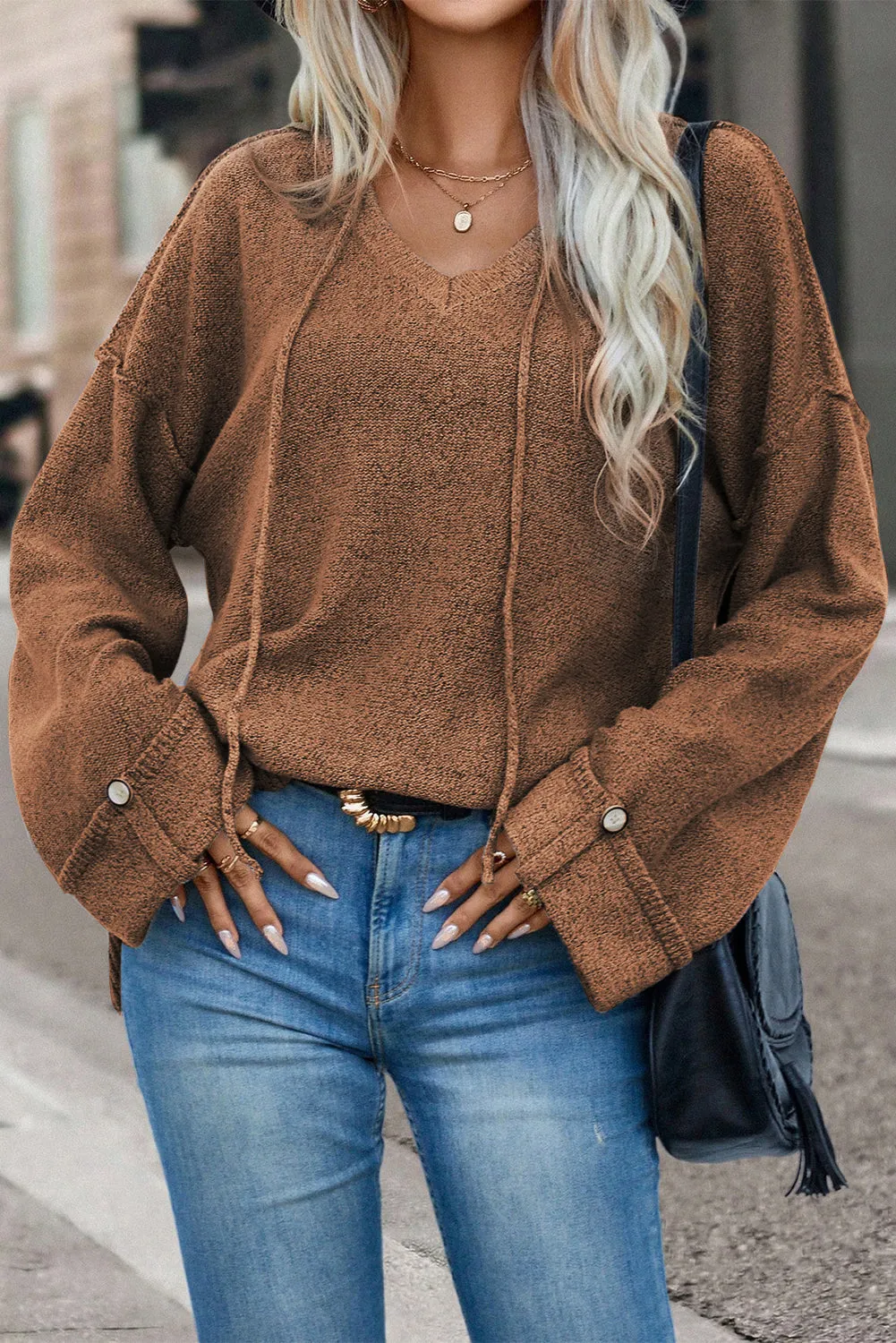 Chestnut Buttoned Sleeve V Neck Drawstring Hooded Sweater