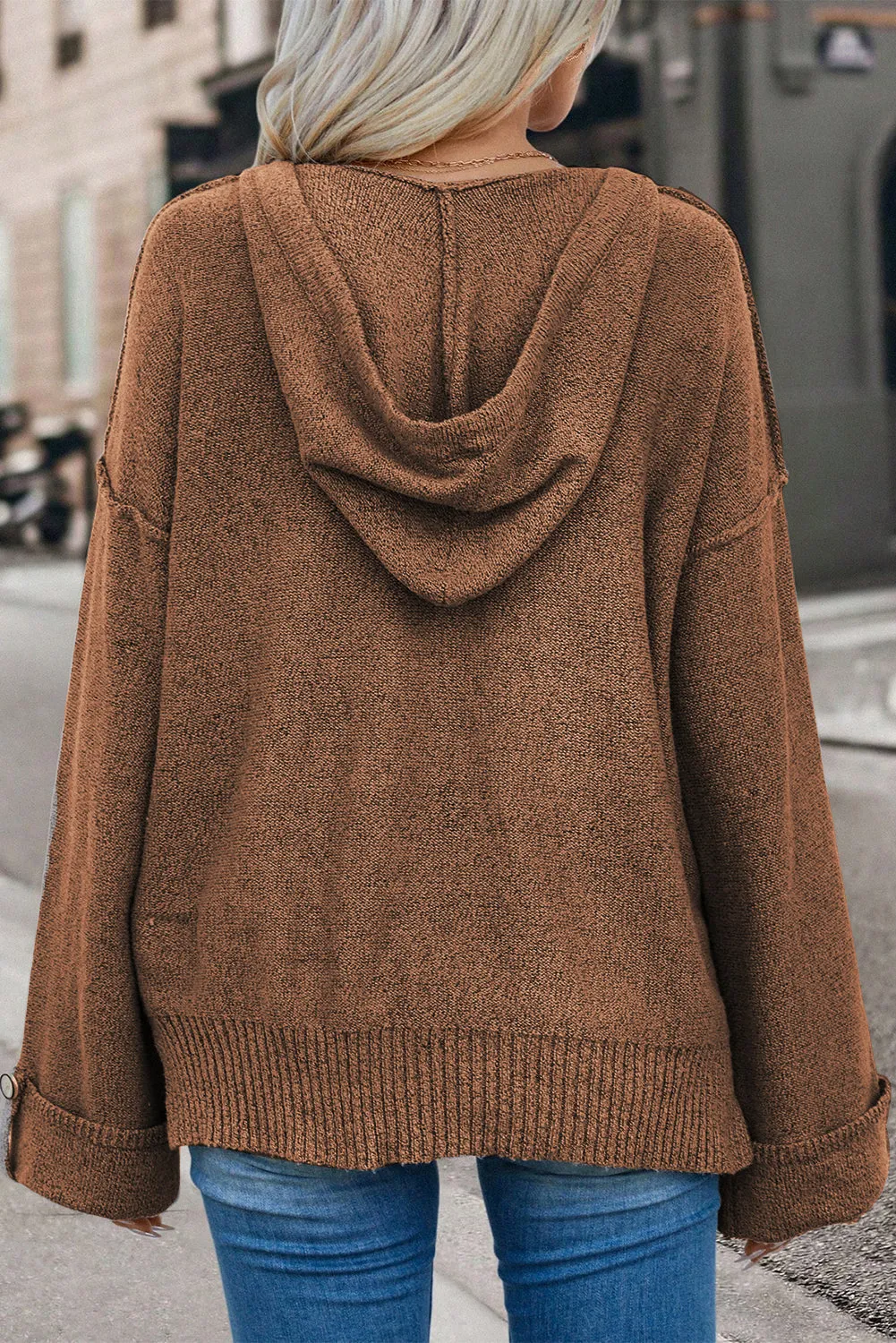 Chestnut Buttoned Sleeve V Neck Drawstring Hooded Sweater