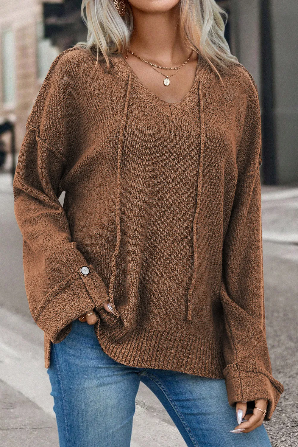 Chestnut Buttoned Sleeve V Neck Drawstring Hooded Sweater