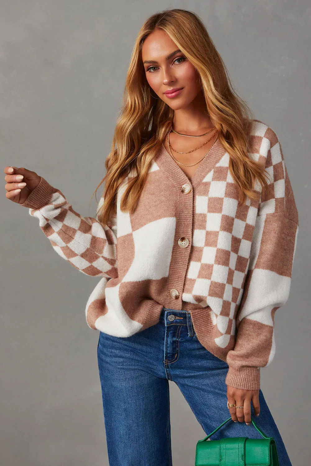 Chestnut Mix Cherckered Button V Neck Sweater Cardgan
