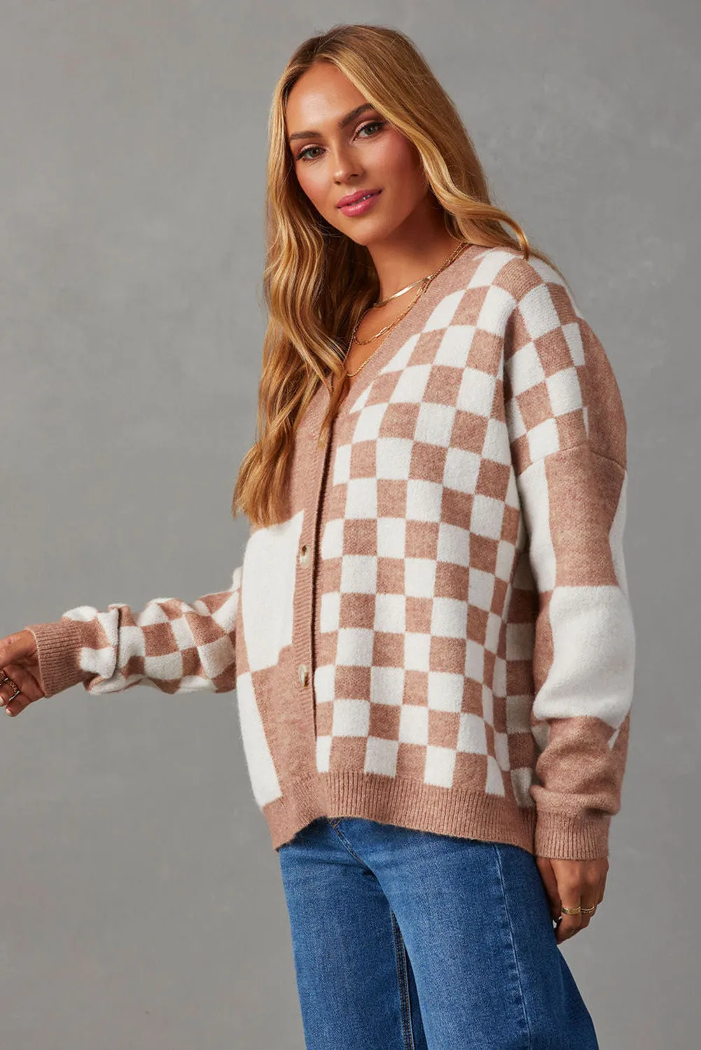 Chestnut Mix Cherckered Button V Neck Sweater Cardgan