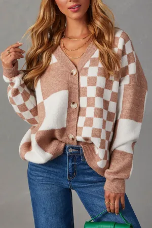 Chestnut Mix Cherckered Button V Neck Sweater Cardgan