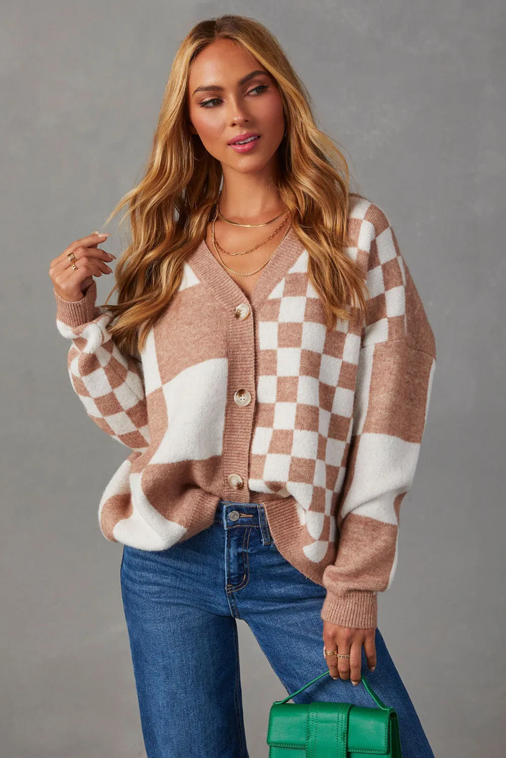Chestnut Mix Cherckered Button V Neck Sweater Cardgan
