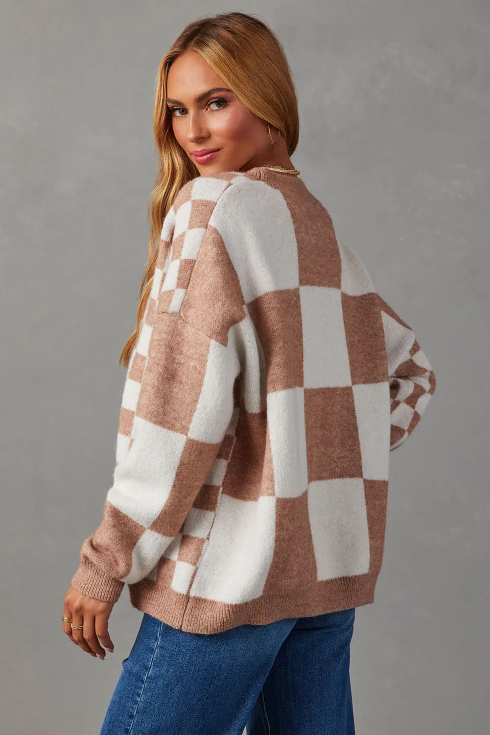 Chestnut Mix Cherckered Button V Neck Sweater Cardgan