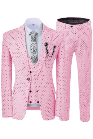 Chic Pink Notched Lapel Three Pieces Slim Fit Suits with Black Dot