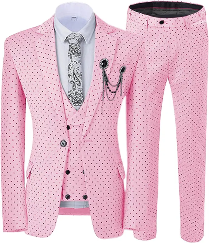 Chic Pink Notched Lapel Three Pieces Slim Fit Suits with Black Dot