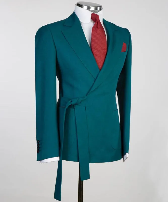 Chic Teal Blue Notched Lapel Two Pieces Prom Suits with Belt Slim Fit Wedding Suits