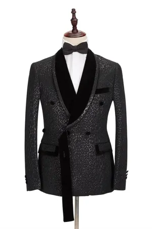 Classic Velvet Lapel Double Breasted Prom Suit Belt Leopard Black Jacquard Men's Suit for Wedding