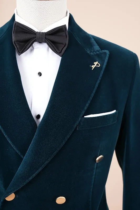 Classical Ocean Blue Double Breasted Velvet Prom Suits Peaked Lapel 2 Piece Suit for Wedding