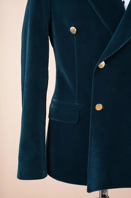 Classical Ocean Blue Double Breasted Velvet Prom Suits Peaked Lapel 2 Piece Suit for Wedding
