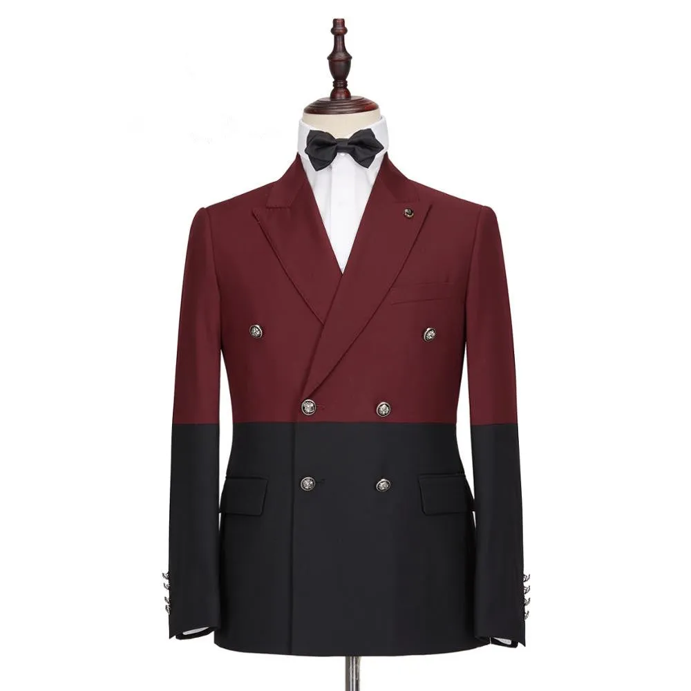 Classy Burgundy and Black Double Breasted Peaked Lapel Men Suits for Prom