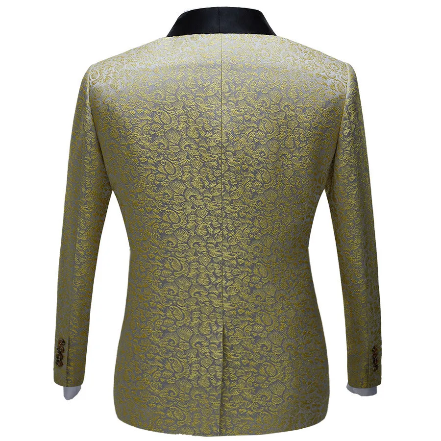 Classy Gold Jacquard Slim Fit Men's Prom Suits with Black Shawl Lapel