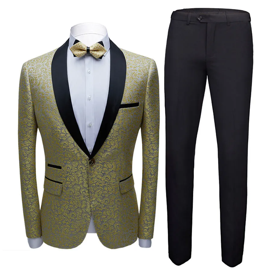 Classy Gold Jacquard Slim Fit Men's Prom Suits with Black Shawl Lapel