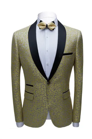 Classy Gold Jacquard Slim Fit Men's Prom Suits with Black Shawl Lapel