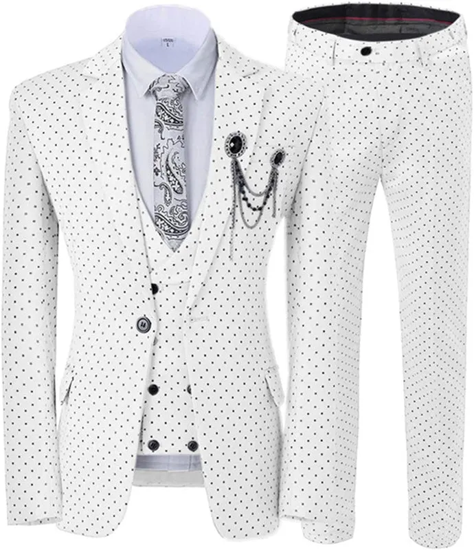 Cutom Made White Notched Lapel Three Pieces Prom Suits With Black Dot Slim Fit Tuxedos