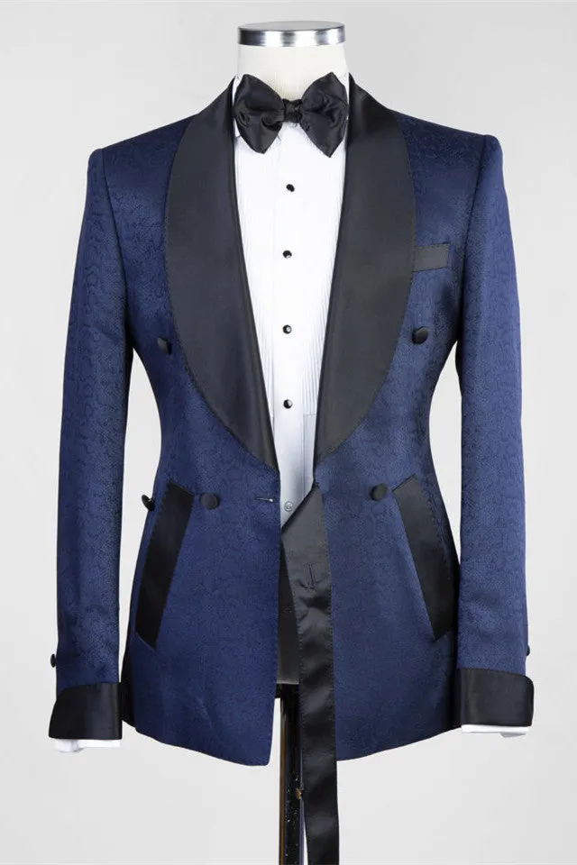 Dark Blue Jacquard Shawl Lapel Wedding Men Suits