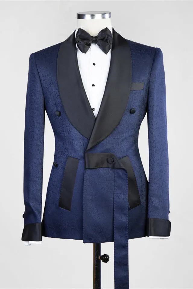 Dark Blue Jacquard Shawl Lapel Wedding Men Suits