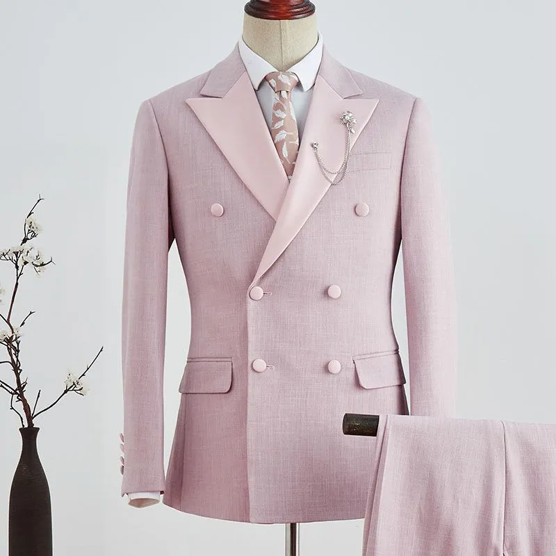 Designer Pink Plaid Peaked Lapel Double Breasted Prom Suit