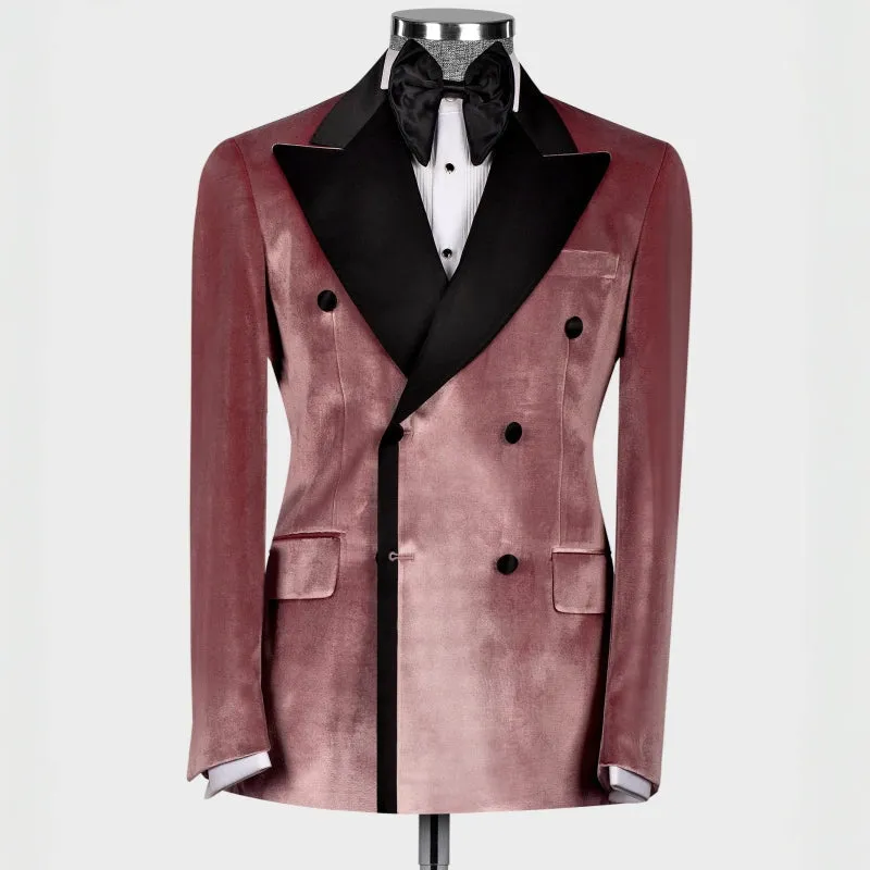 Dusty Pink Peaked Lapel Double Breasted Velvet Prom Suits