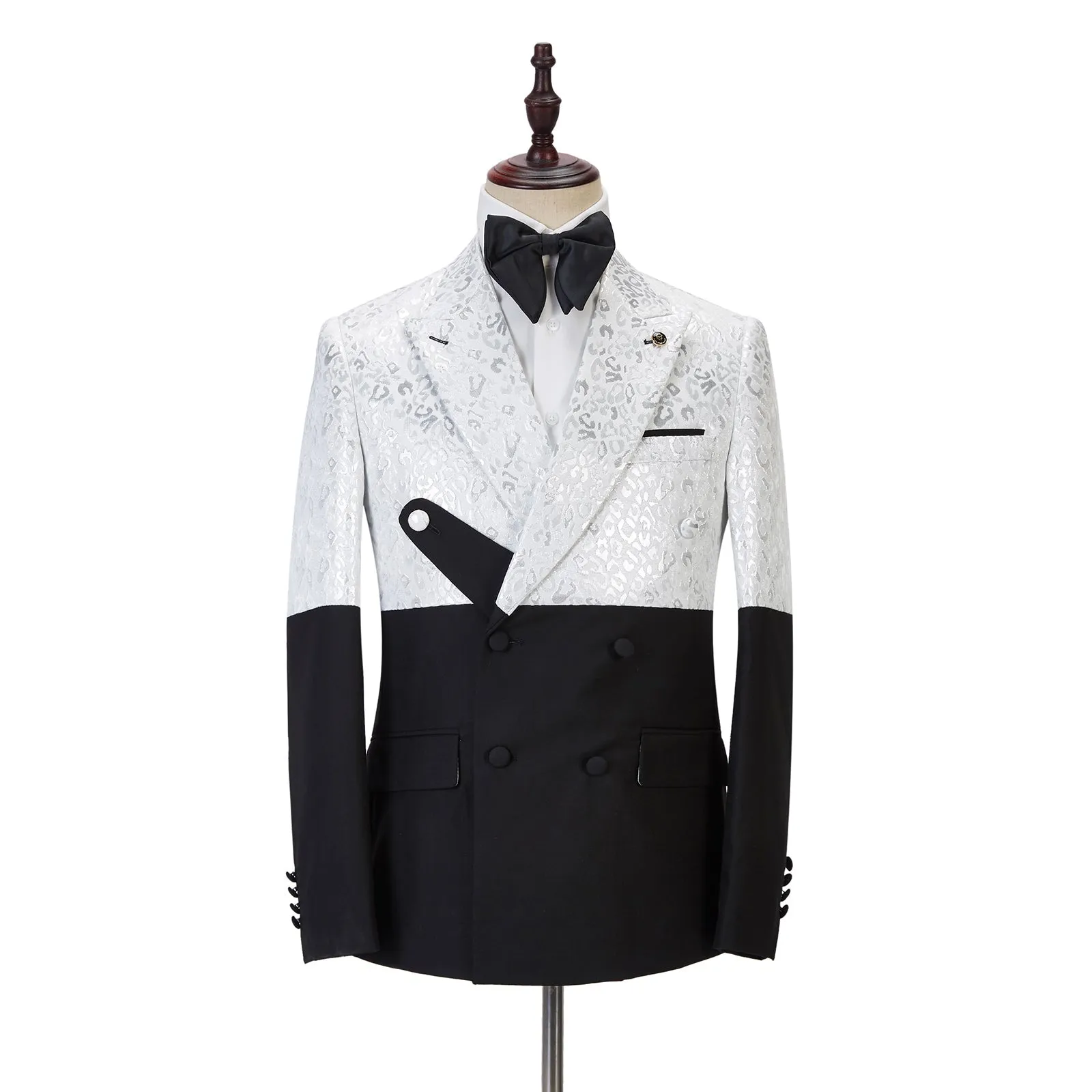 Fashion Black and White Jacquard Peaked Lapel Men Suits Online