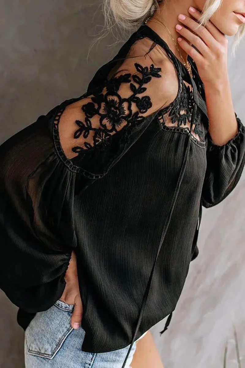 Fashion Elegant Solid Lace Frenulum See-through V Neck Tops(3 Colors)