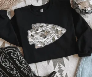 Faux Embroidered Snow Camo Arrowhead Black Sweatshirt or Tee