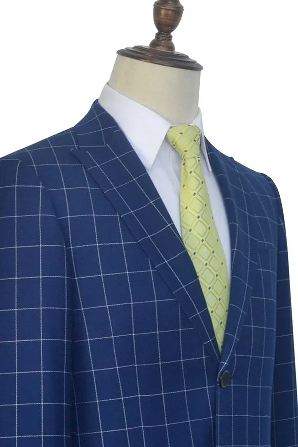 Flap Pocket Peak Lapel Grey Checked Navy Blue Mens Suits