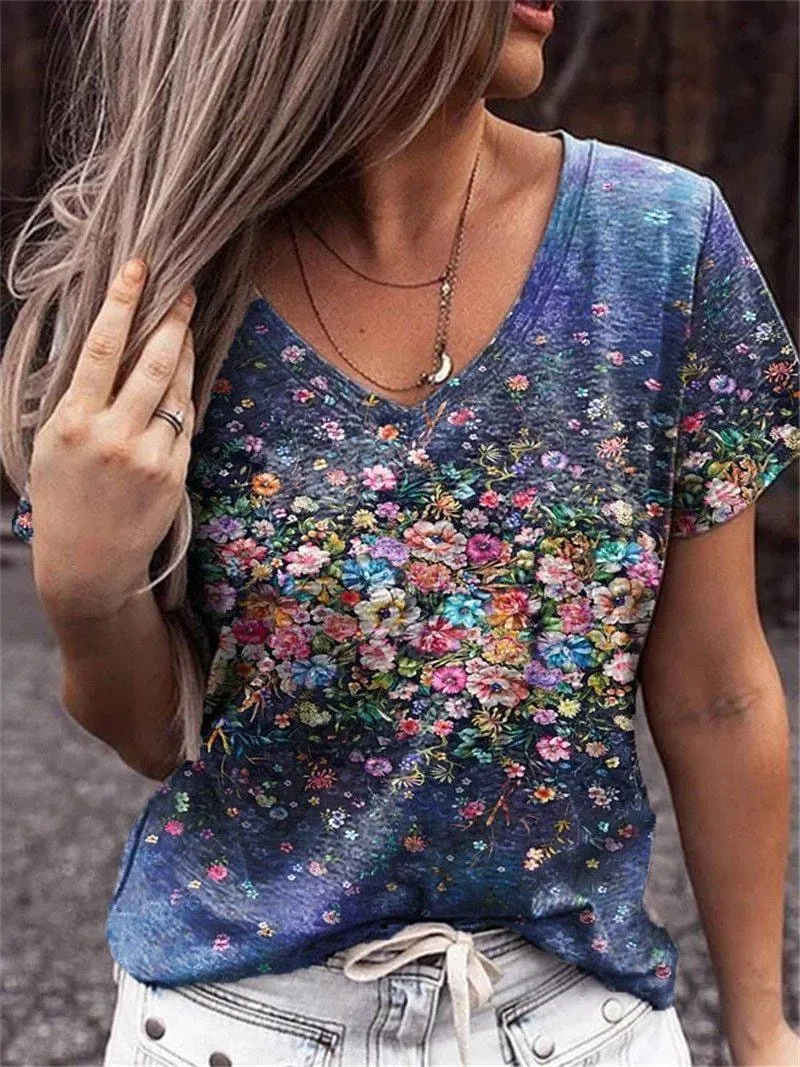Floral V Neck Floral-print Tops