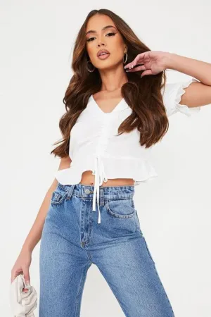 Frilled Hem White V Neck Top
