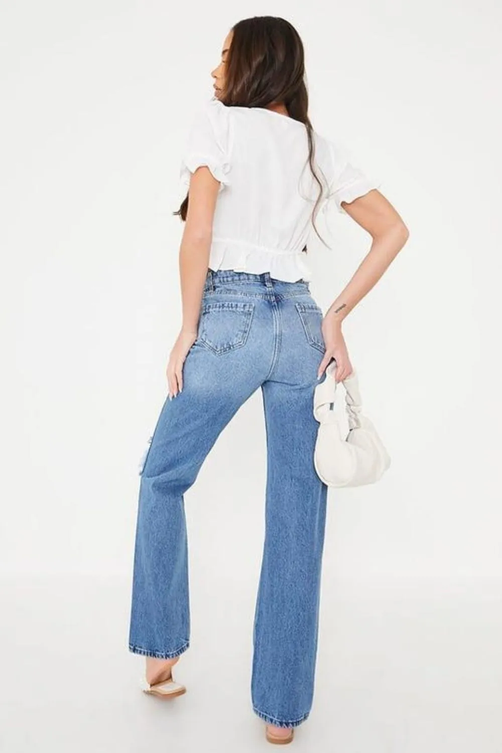 Frilled Hem White V Neck Top