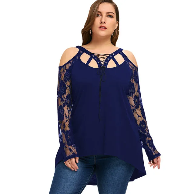 Gamiss Autumn Spring Top T-Shirt Women Halloween Plus Size Cold Shoulder Lace Up Top Black Lace T-Shirt Long Sleeve Big Size 5XL