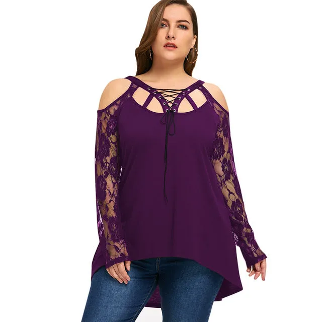 Gamiss Autumn Spring Top T-Shirt Women Halloween Plus Size Cold Shoulder Lace Up Top Black Lace T-Shirt Long Sleeve Big Size 5XL